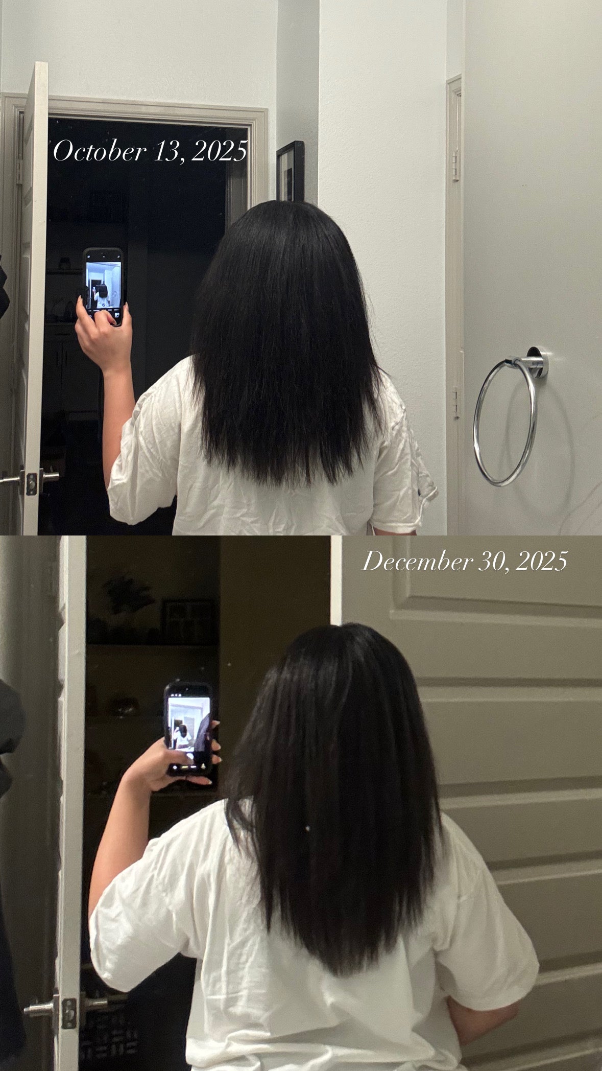 Before and after comparison of hair growth over a month, showing a person taking a mirror selfie.